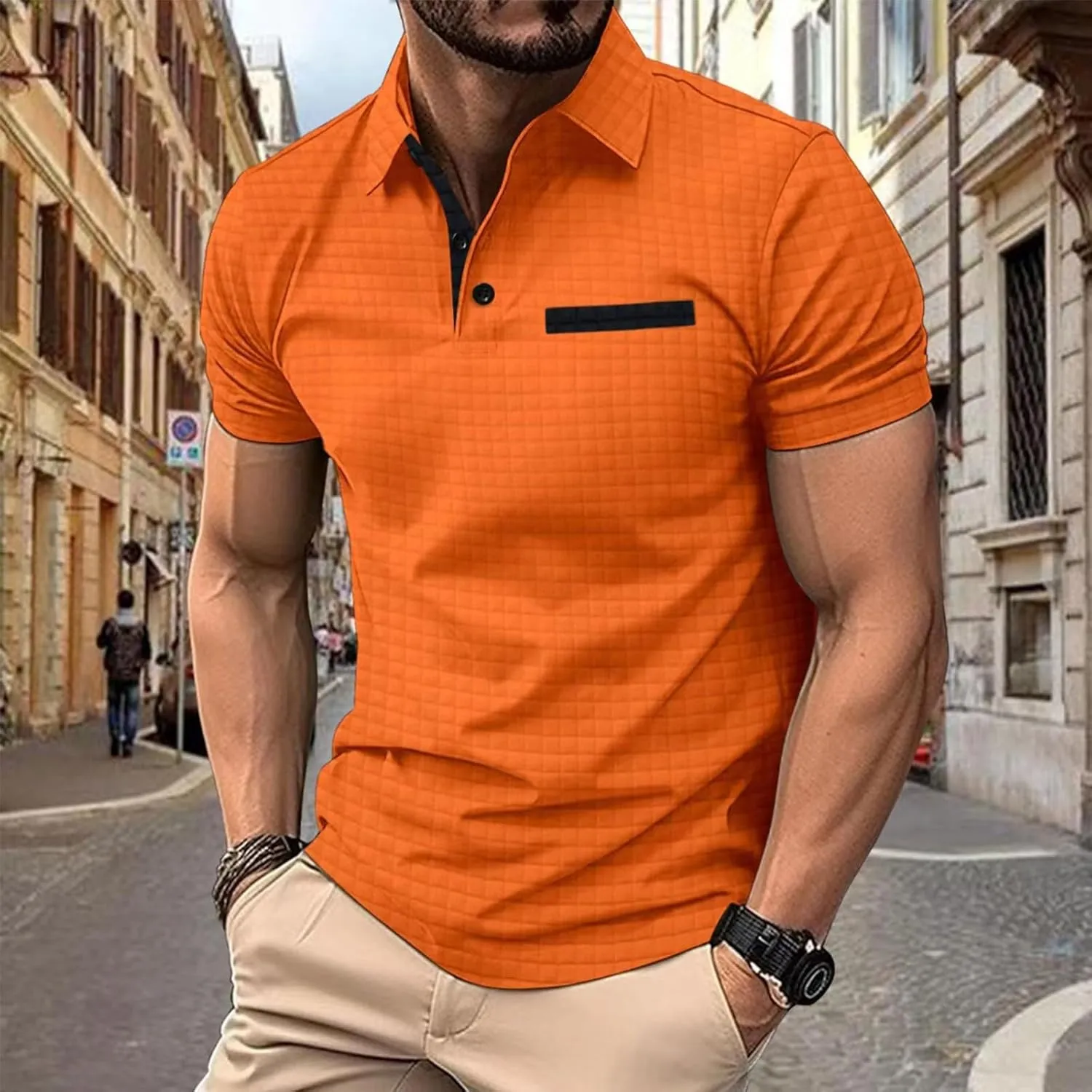 Men's Waffle Plaid Polo Shirts Short Sleeve Casual Summer Shirts Fashion Collar Golf Shirt Muscle Workout T-Shirt