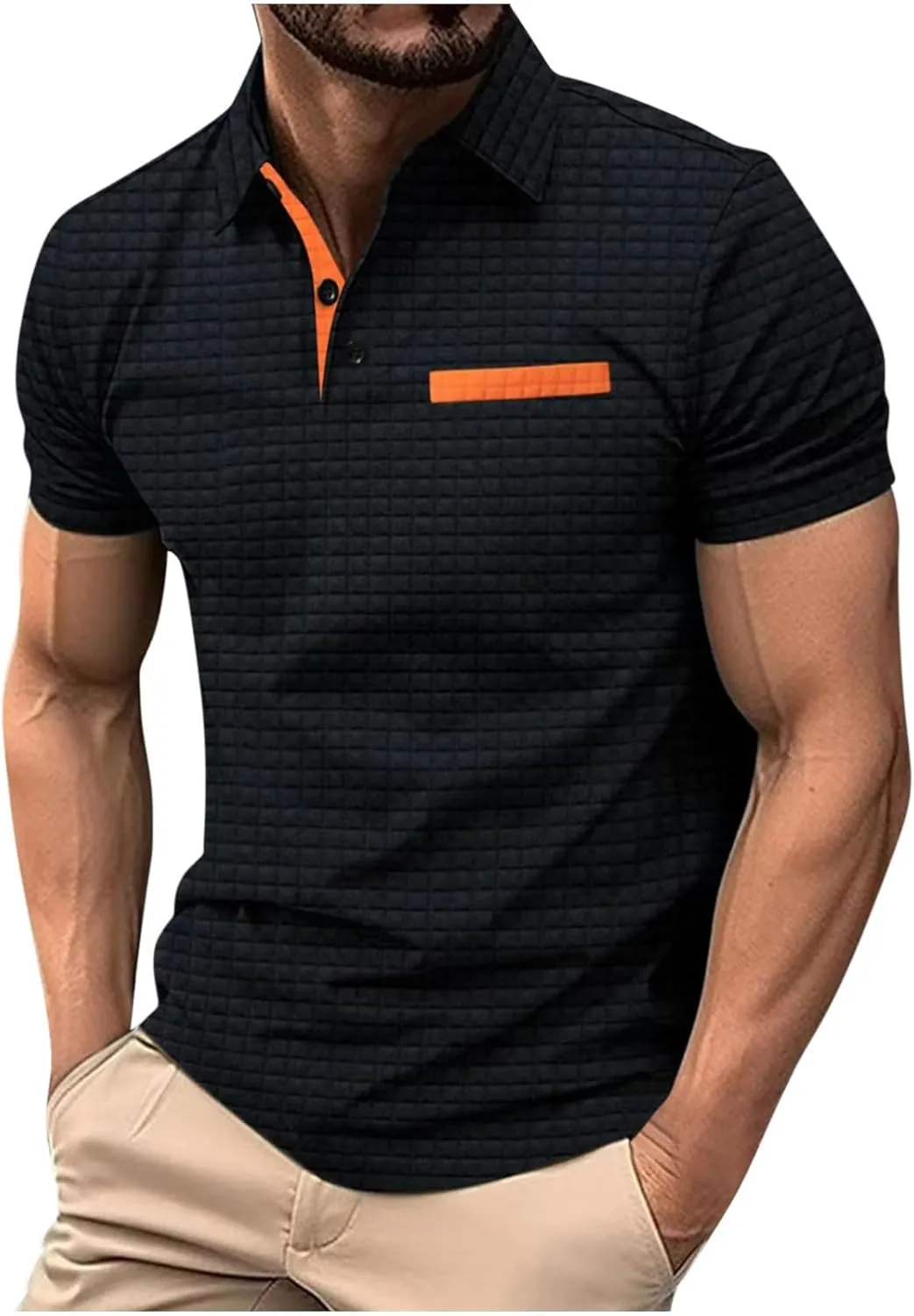 Men's Waffle Plaid Polo Shirts Short Sleeve Casual Summer Shirts Fashion Collar Golf Shirt Muscle Workout T-Shirt