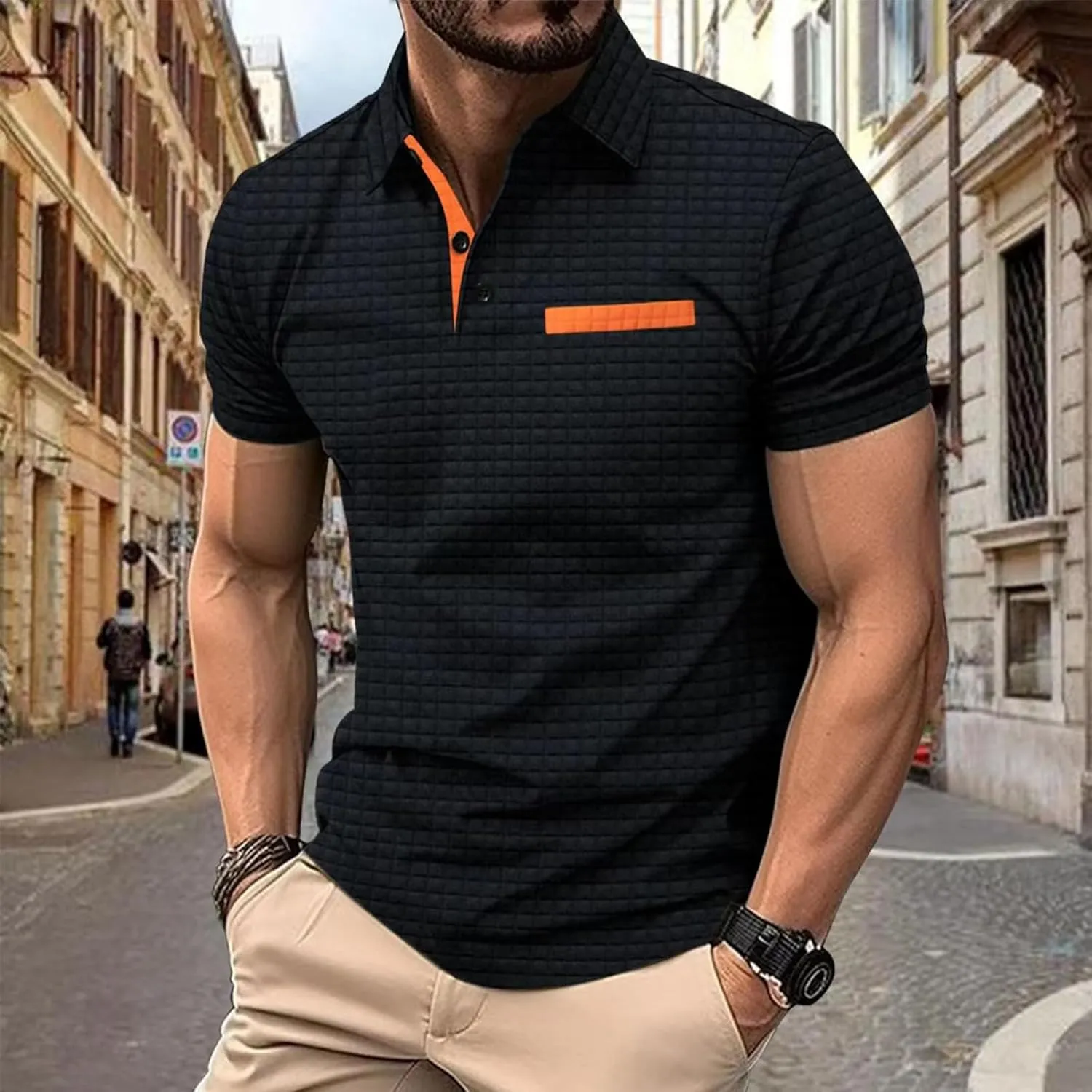 Men's Waffle Plaid Polo Shirts Short Sleeve Casual Summer Shirts Fashion Collar Golf Shirt Muscle Workout T-Shirt