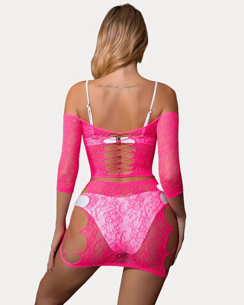Mesh Chemise Rhinestone Fishnet Lingerie Sets