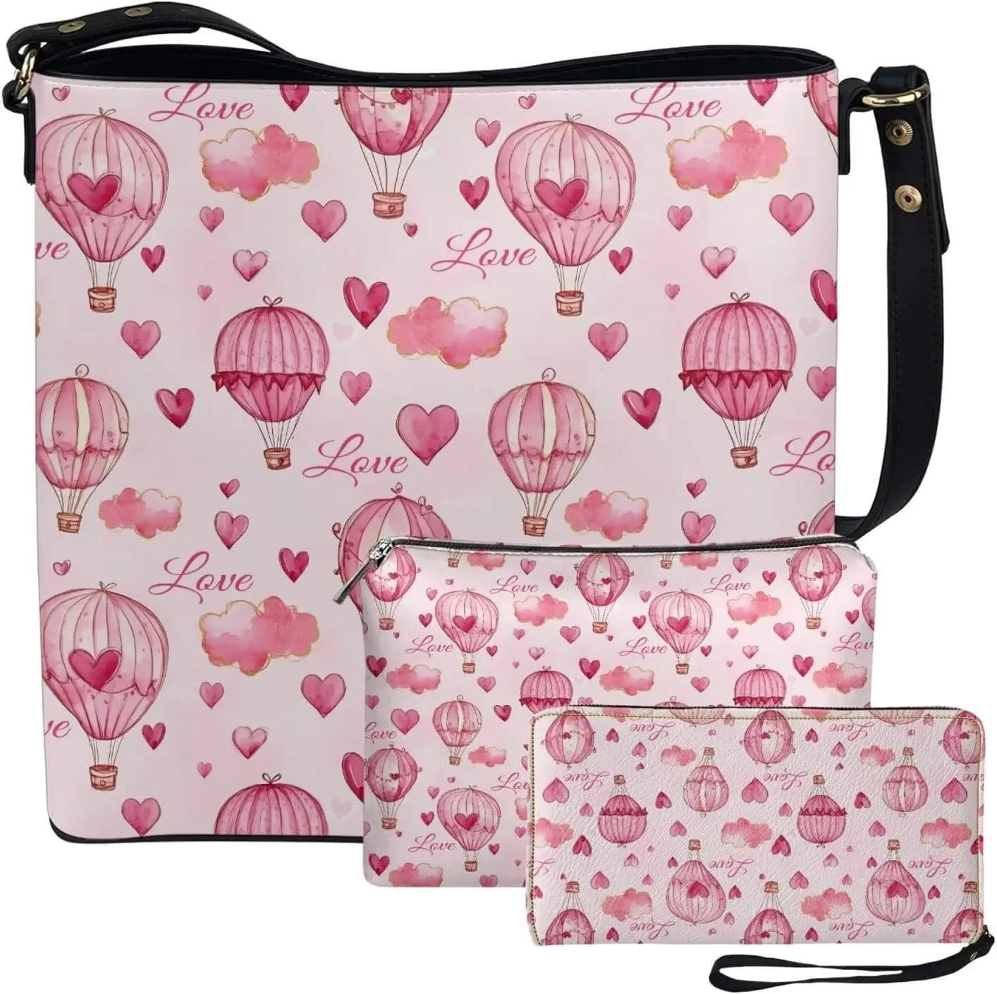 Messenger Bucket Bags for Women with Leather Cosmetic Travel Bag and Wristlet Wallet Set of 3 Portable Carrying Bag