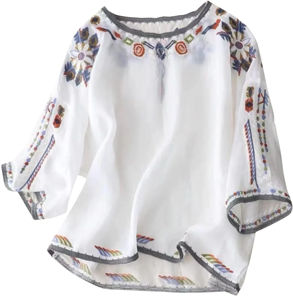 Mexican Embroidered Shirts for Women Bohemian Cotton Linen Tops Ethnic Floral Peasant Tee Short Sleeve O Neck T Shirt