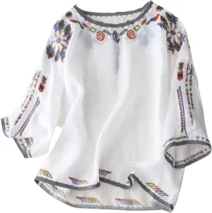 Mexican Embroidered Shirts for Women Bohemian Cotton Linen Tops Ethnic Floral Peasant Tee Short Sleeve O Neck T Shirt