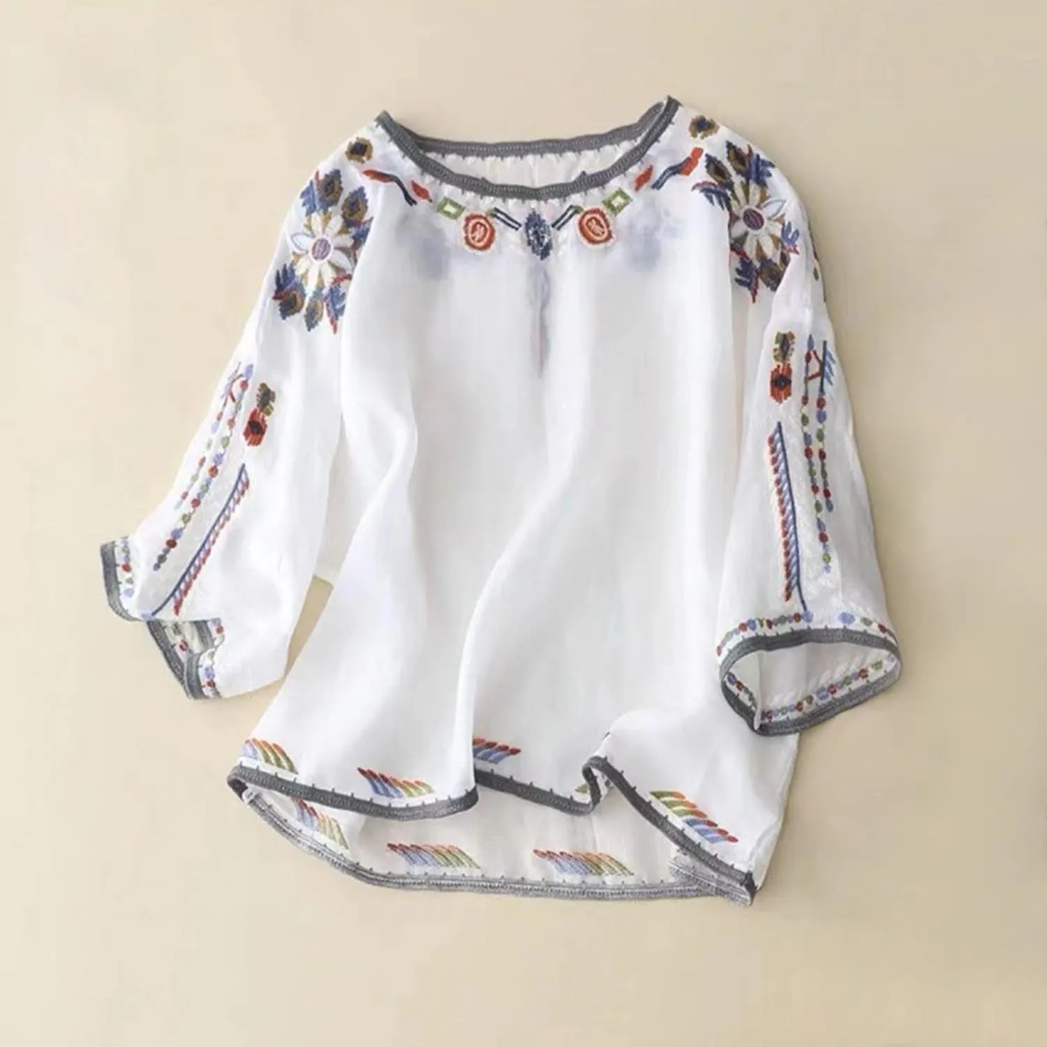 Mexican Embroidered Shirts for Women Bohemian Cotton Linen Tops Ethnic Floral Peasant Tee Short Sleeve O Neck T Shirt
