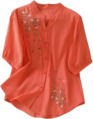 Mexico Shirts for Women Summer Embroidered Cotton Linen Blouse 3/4 Sleeve V Neck Top Vintage Boho Causal Button Shirt