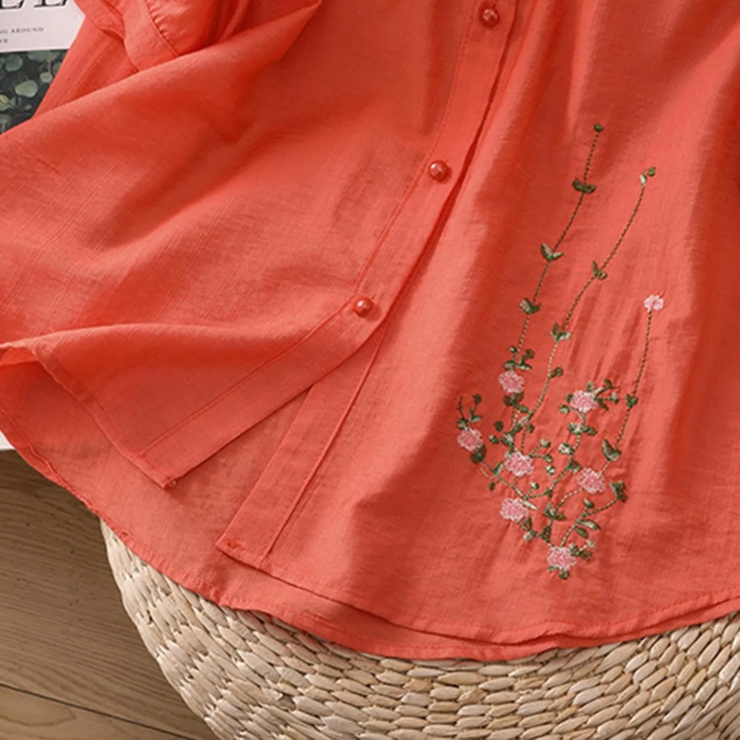 Mexico Shirts for Women Summer Embroidered Cotton Linen Blouse 3/4 Sleeve V Neck Top Vintage Boho Causal Button Shirt