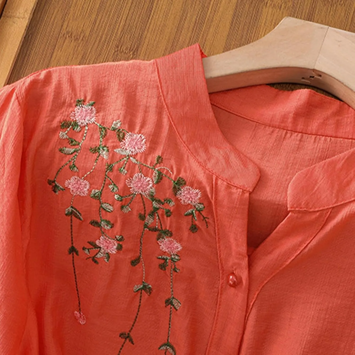 Mexico Shirts for Women Summer Embroidered Cotton Linen Blouse 3/4 Sleeve V Neck Top Vintage Boho Causal Button Shirt