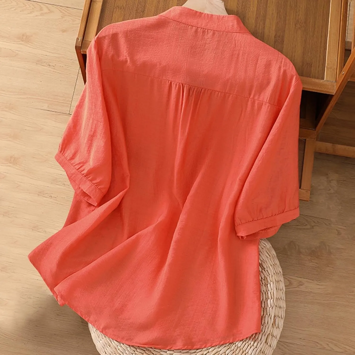 Mexico Shirts for Women Summer Embroidered Cotton Linen Blouse 3/4 Sleeve V Neck Top Vintage Boho Causal Button Shirt