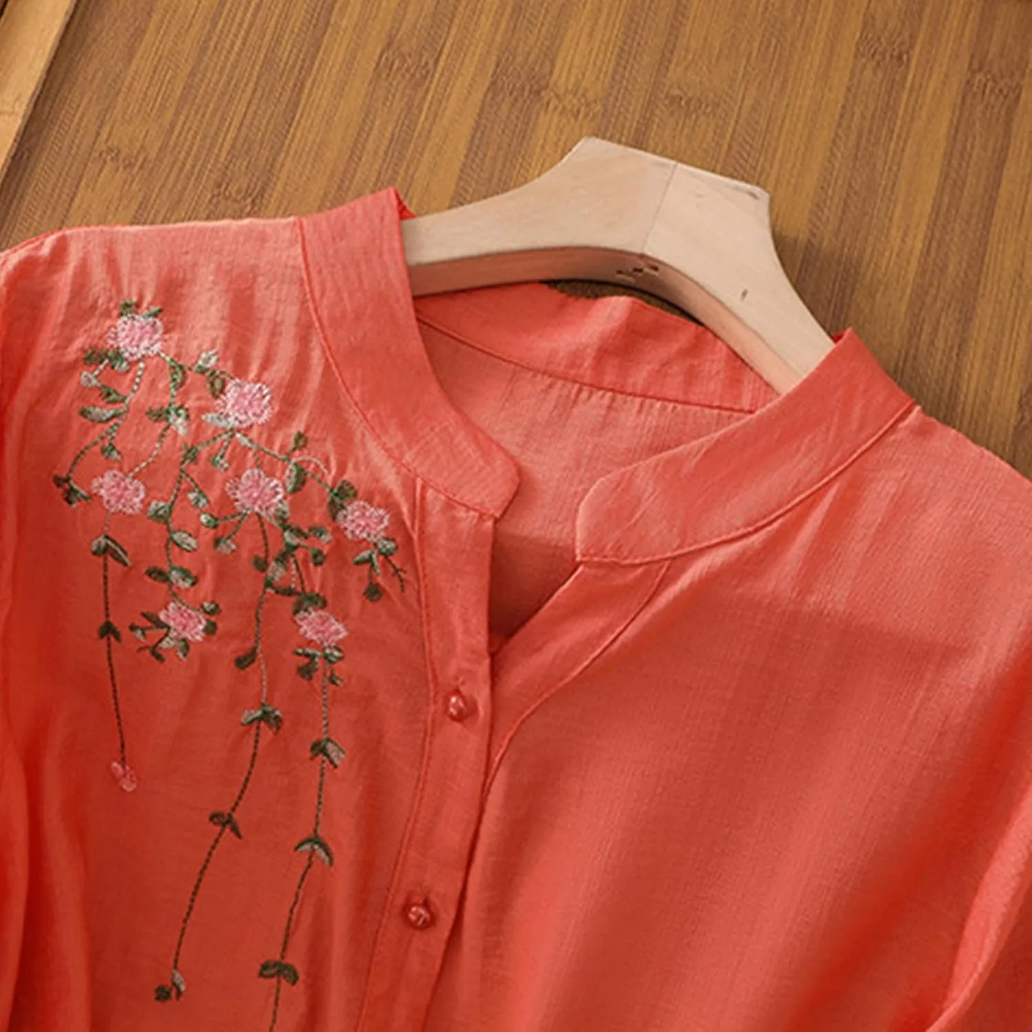 Mexico Shirts for Women Summer Embroidered Cotton Linen Blouse 3/4 Sleeve V Neck Top Vintage Boho Causal Button Shirt