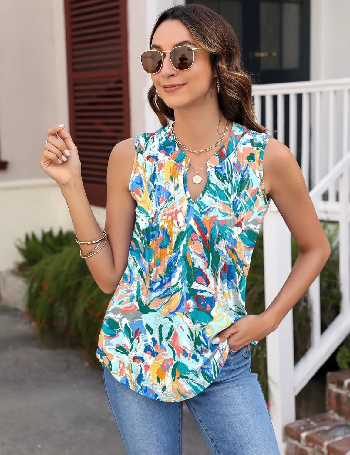 Micoson Womens Tank Tops Sleeveless V Neck Pleated Summer Blouses Loose Casual T Shirts