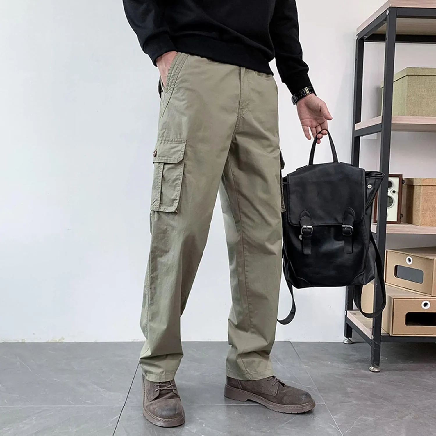 MIDOO Cargo Pants for Men Work Heavy Duty Casual Pants Stretch Drawstring Waistband Tapered Leg Sweatpants with Pockets