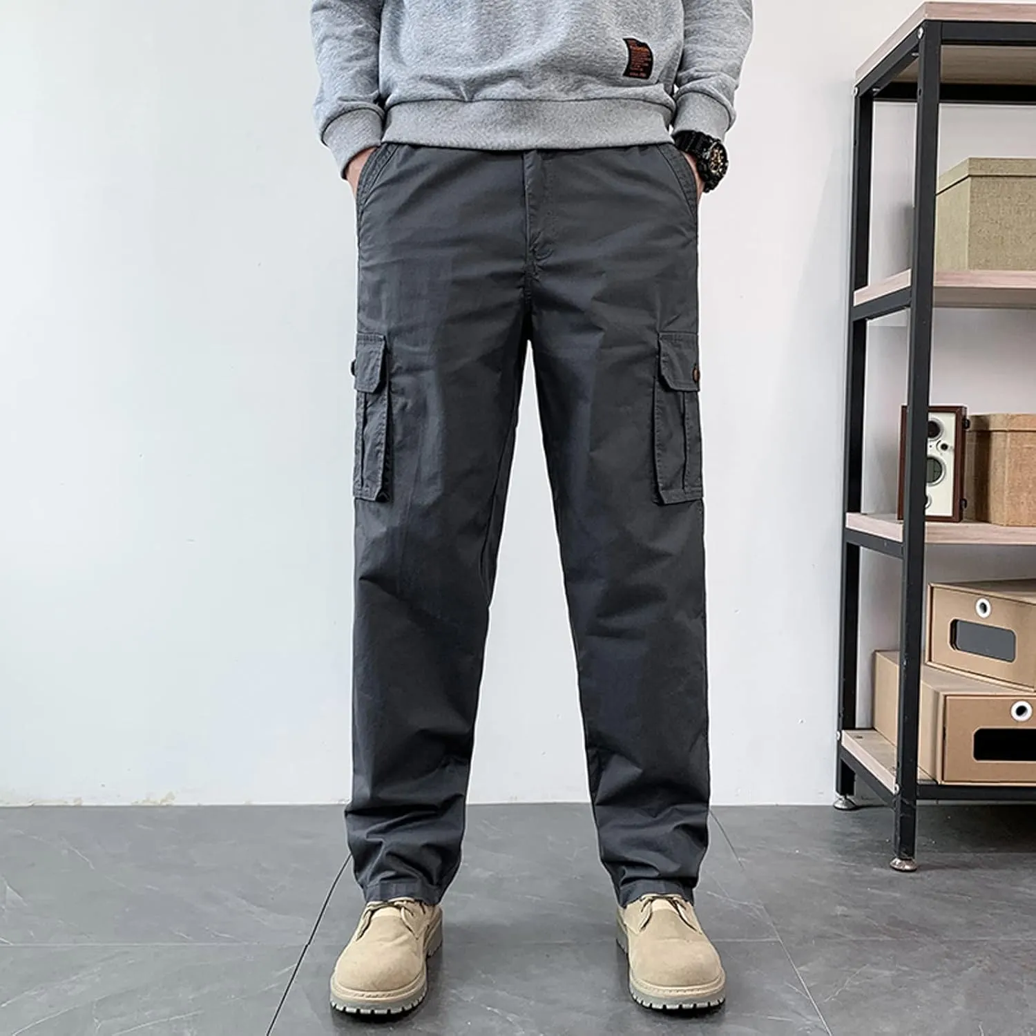 MIDOO Cargo Pants for Men Work Heavy Duty Casual Pants Stretch Drawstring Waistband Tapered Leg Sweatpants with Pockets