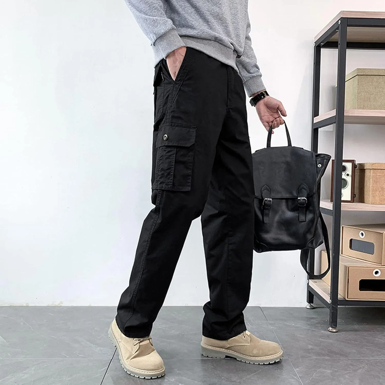 MIDOO Cargo Pants for Men Work Heavy Duty Casual Pants Stretch Drawstring Waistband Tapered Leg Sweatpants with Pockets