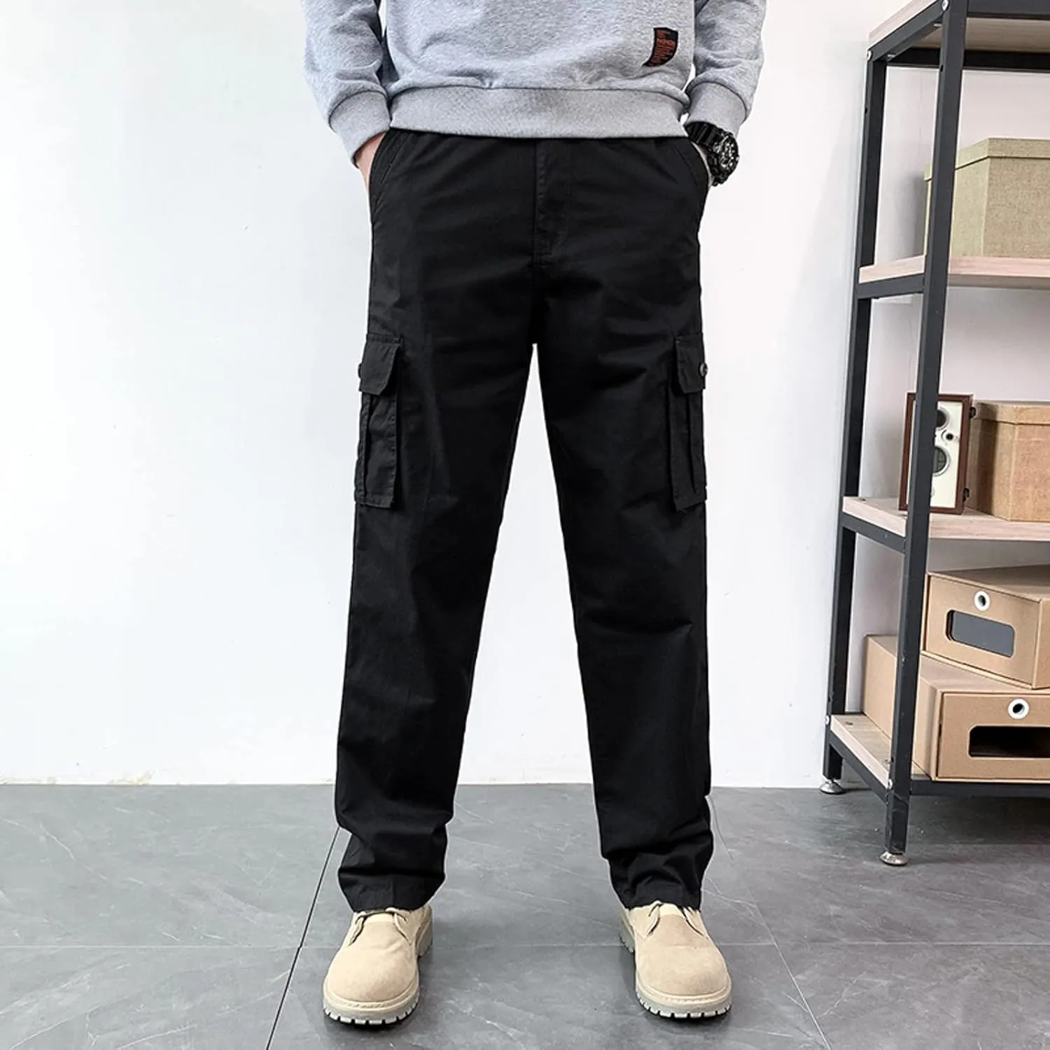 MIDOO Cargo Pants for Men Work Heavy Duty Casual Pants Stretch Drawstring Waistband Tapered Leg Sweatpants with Pockets