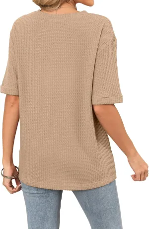 MIHOLL Womens 2025 Summer Tops Short Sleeve Crewneck Waffle Knit Loose Blouses T Shirts