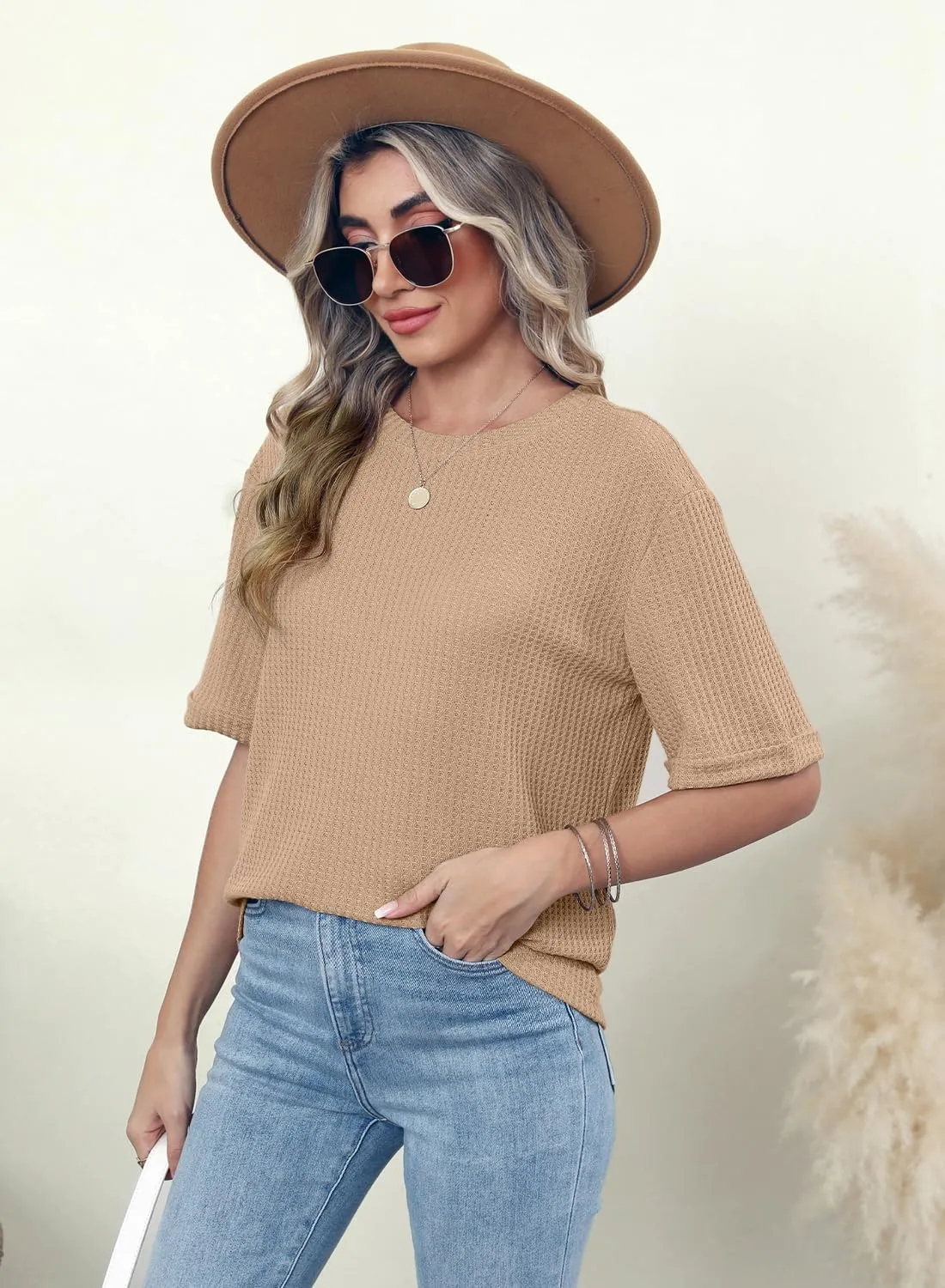 MIHOLL Womens 2025 Summer Tops Short Sleeve Crewneck Waffle Knit Loose Blouses T Shirts