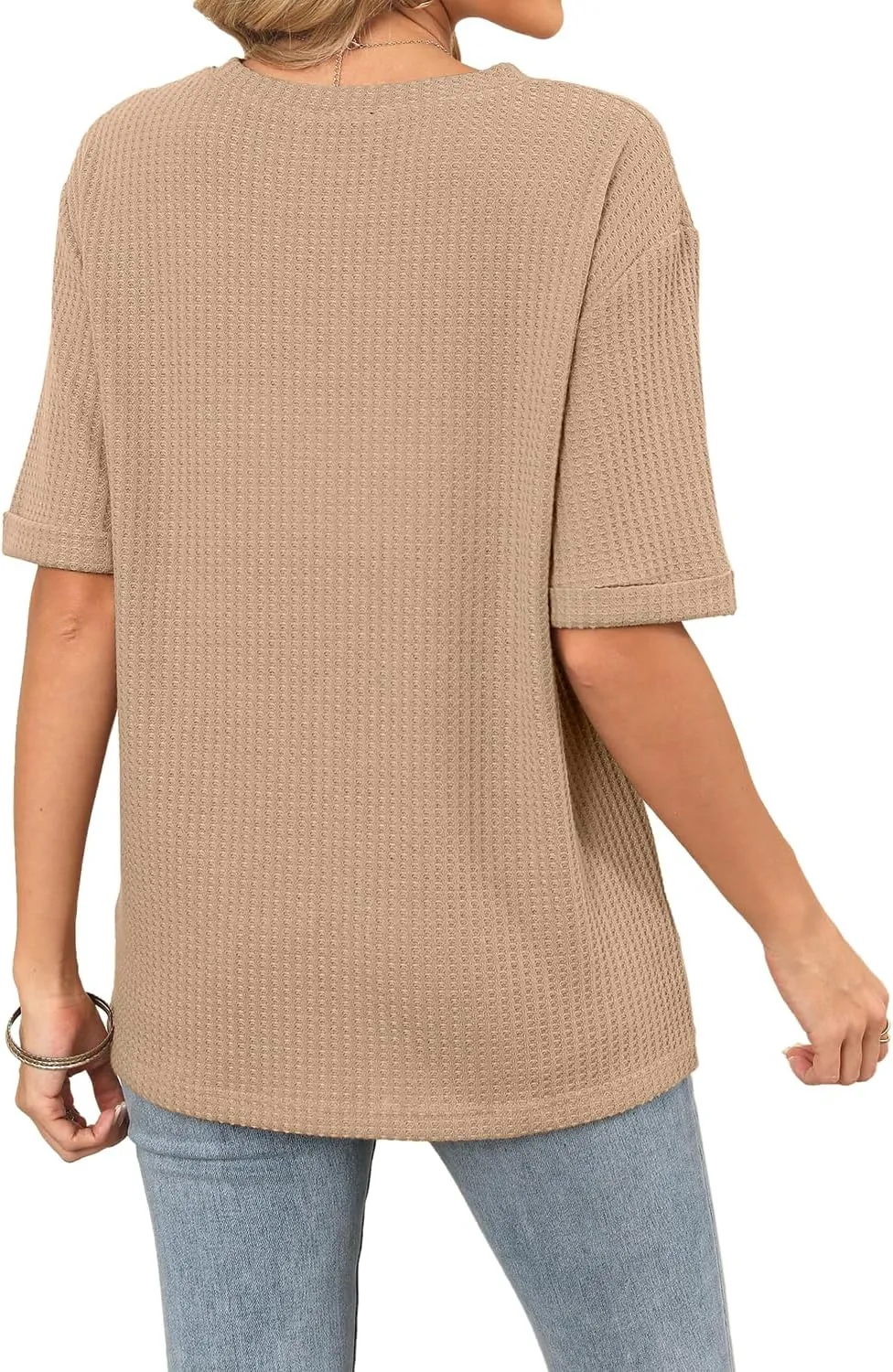 MIHOLL Womens 2025 Summer Tops Short Sleeve Crewneck Waffle Knit Loose Blouses T Shirts