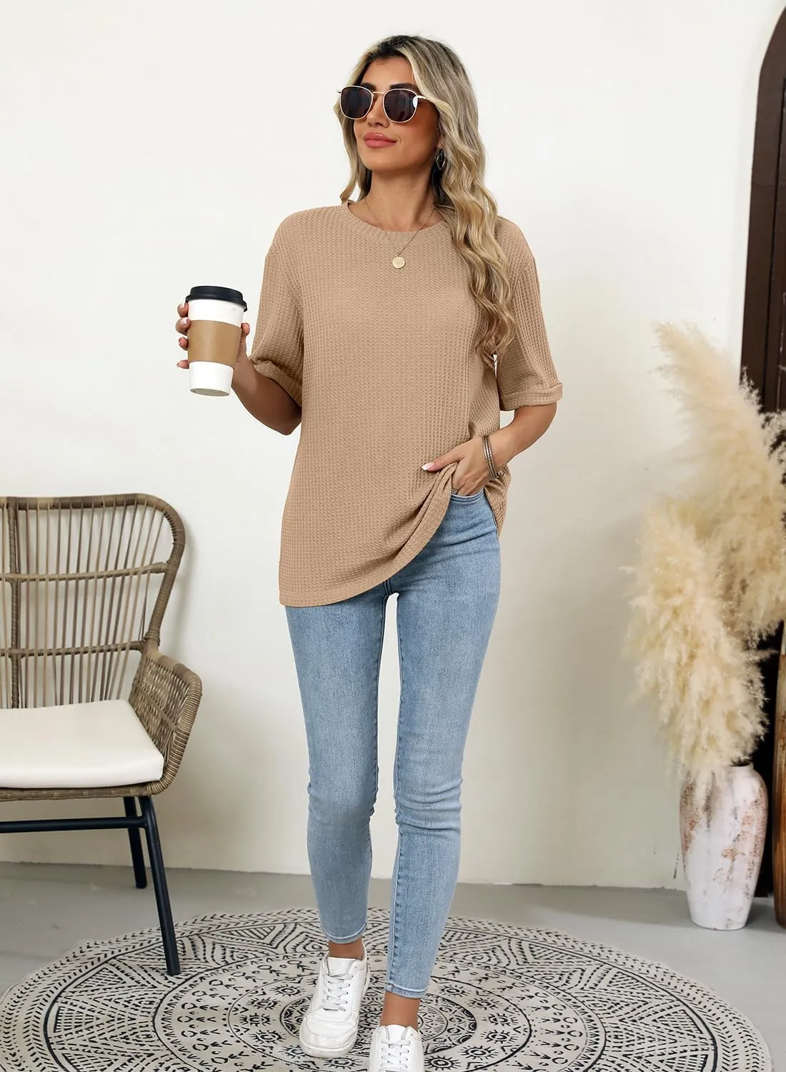 MIHOLL Womens 2025 Summer Tops Short Sleeve Crewneck Waffle Knit Loose Blouses T Shirts