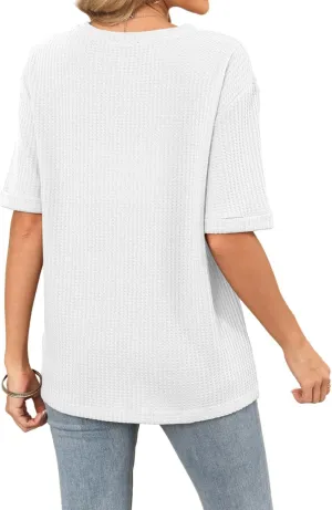 MIHOLL Womens 2025 Summer Tops Short Sleeve Crewneck Waffle Knit Loose Blouses T Shirts
