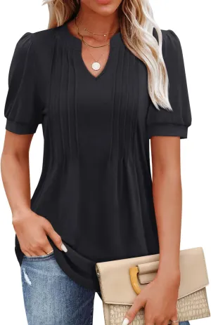 MIHOLL Women's V Neck Puff Long Sleeve T Shirts Pleated Casual Loose Tunic Blouse