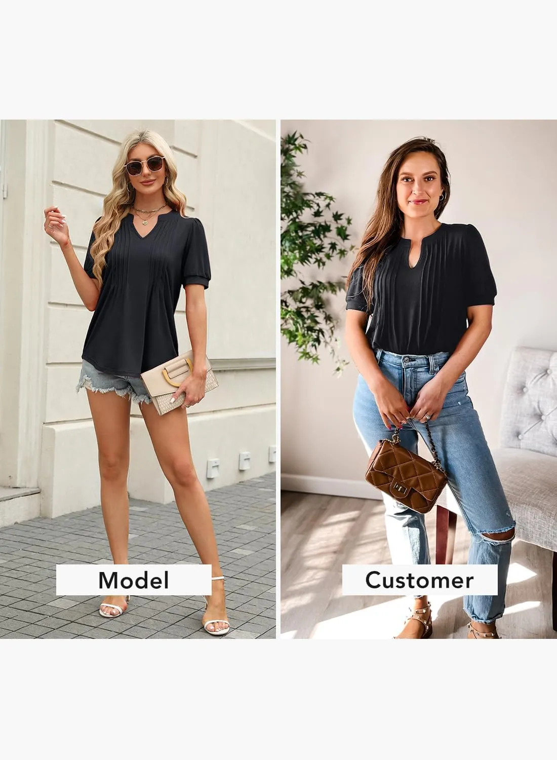 MIHOLL Women's V Neck Puff Long Sleeve T Shirts Pleated Casual Loose Tunic Blouse