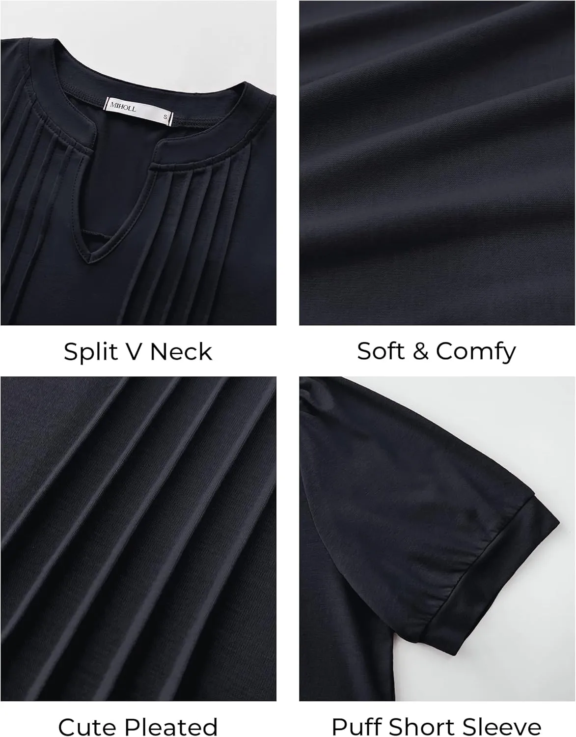 MIHOLL Women's V Neck Puff Long Sleeve T Shirts Pleated Casual Loose Tunic Blouse