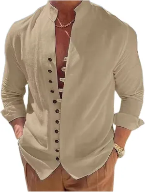 Mmoneyake Linen Button Up Shirts for Men Casual Long Sleeve Hippie T Shirts Tropical Holiday Beach Shirts Banded Collar Tee