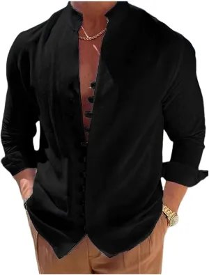 Mmoneyake Linen Button Up Shirts for Men Casual Long Sleeve Hippie T Shirts Tropical Holiday Beach Shirts Banded Collar Tee