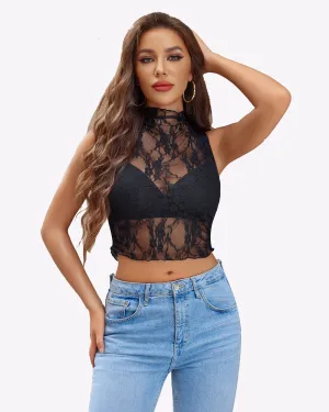 Mock Neck Lace Floral See Through Tank