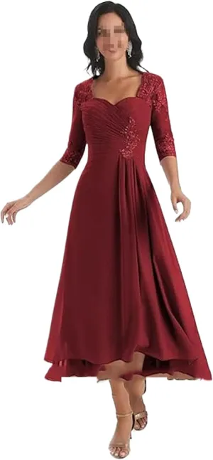 Mother Bride Dresses for Wedding 3/4 Sleeves Formal Dress Chiffon Evening Gown Lace Up Back Burgundy 16W