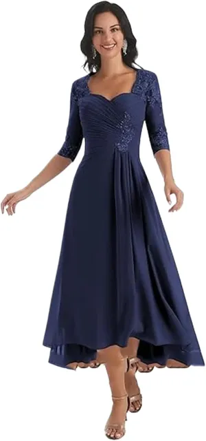 Mother Bride Dresses for Wedding 3/4 Sleeves Formal Dress Chiffon Evening Gown Lace Up Back Navy Blue 16W