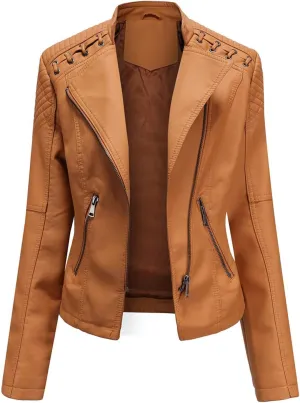 Motorcycle Jacket for Women Faux Leather Slim Fit Biker Coats Asymmetrical Zipper Long Sleeve Moto Jackets