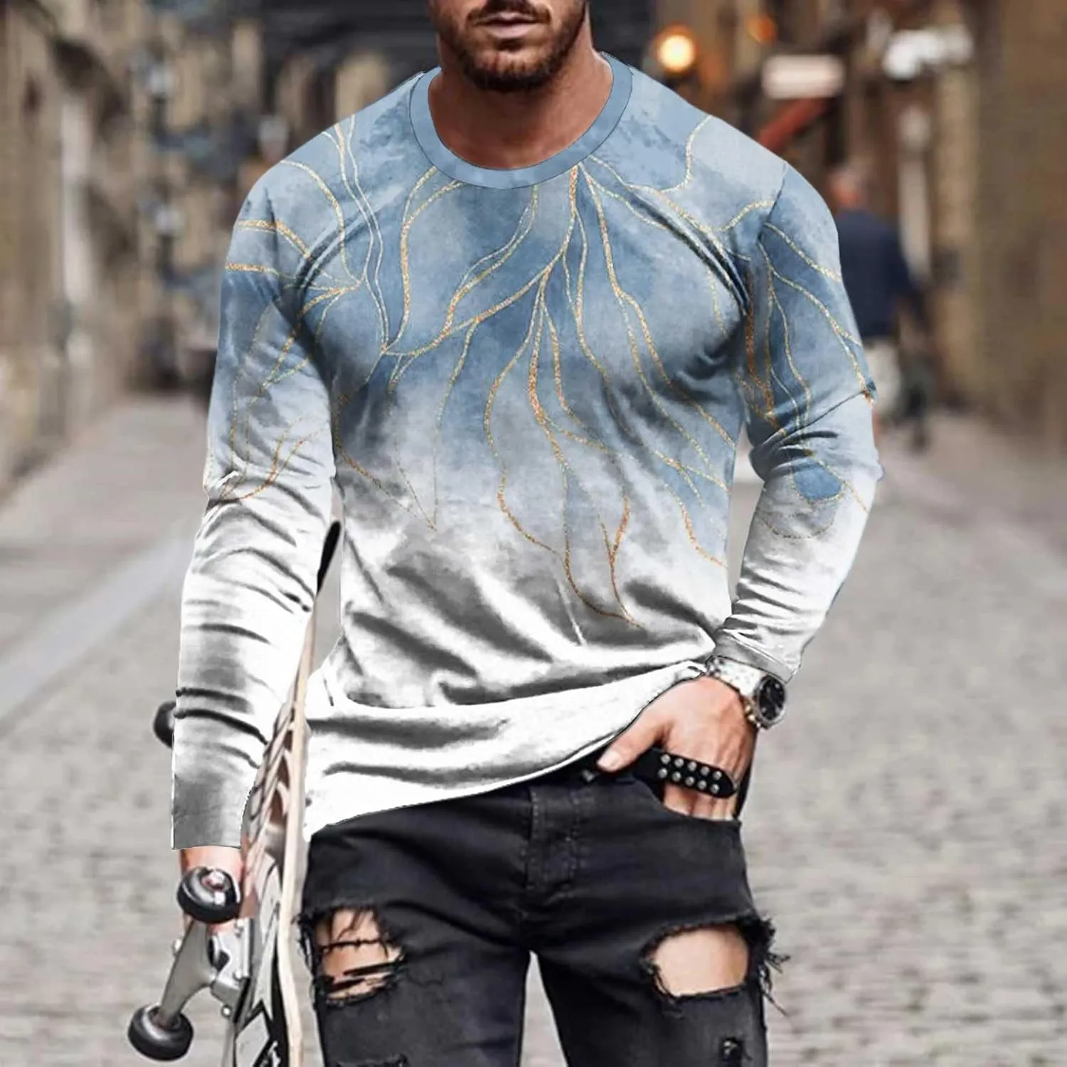 Muscularfit Mens Shirts Casual Big and Tall Long Sleeve Crewneck Sweatshirt Loose Marble Print Graphic Tee Shirt Fall Clothes