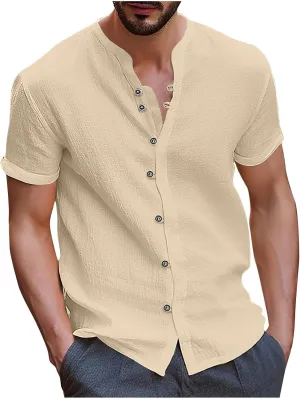 Muscularfit Mens Shirts Casual Button Down Cotton Linen Summer Shirt Regular-Fit Short Sleeve Vintage Fashion Top Pullover