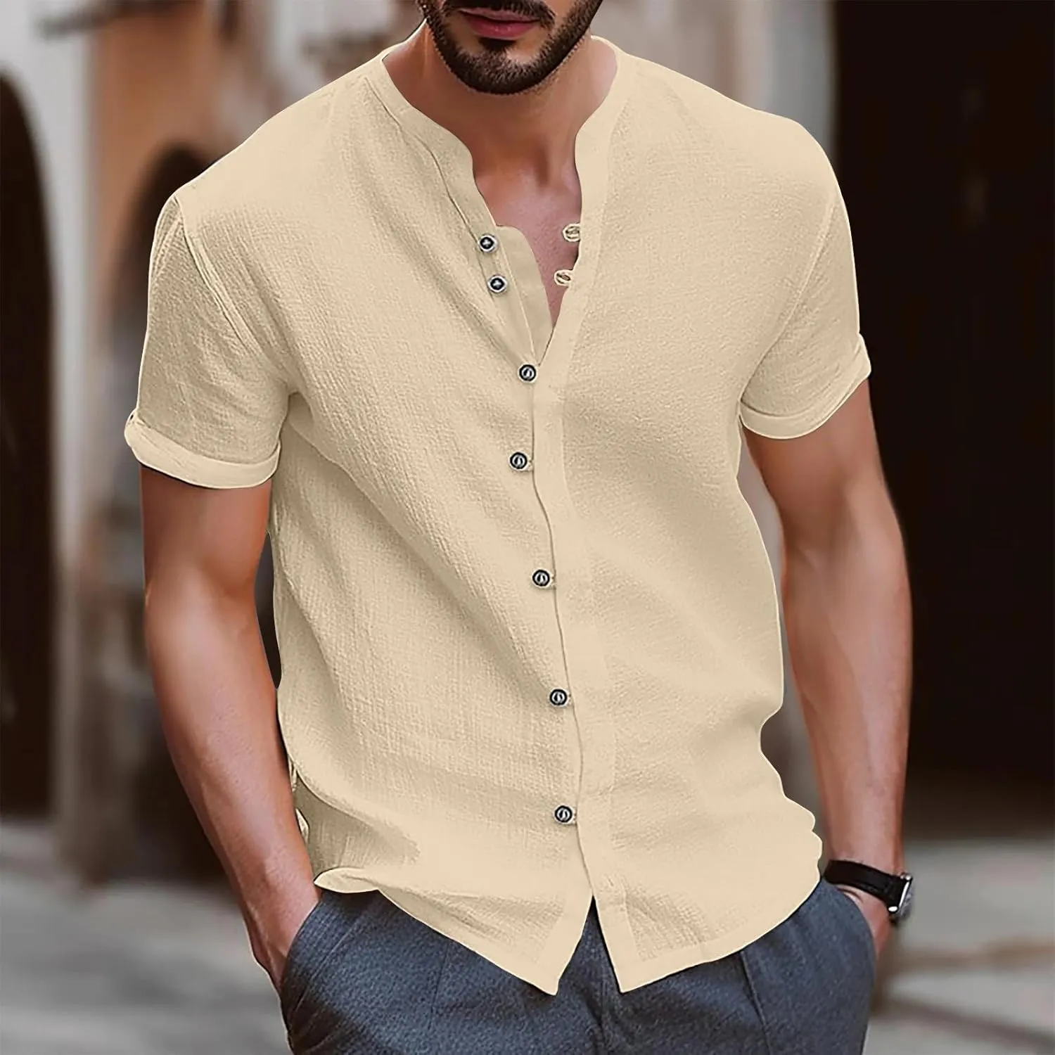 Muscularfit Mens Shirts Casual Button Down Cotton Linen Summer Shirt Regular-Fit Short Sleeve Vintage Fashion Top Pullover