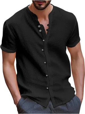 Muscularfit Mens Shirts Casual Button Down Cotton Linen Summer Shirt Regular-Fit Short Sleeve Vintage Fashion Top Pullover