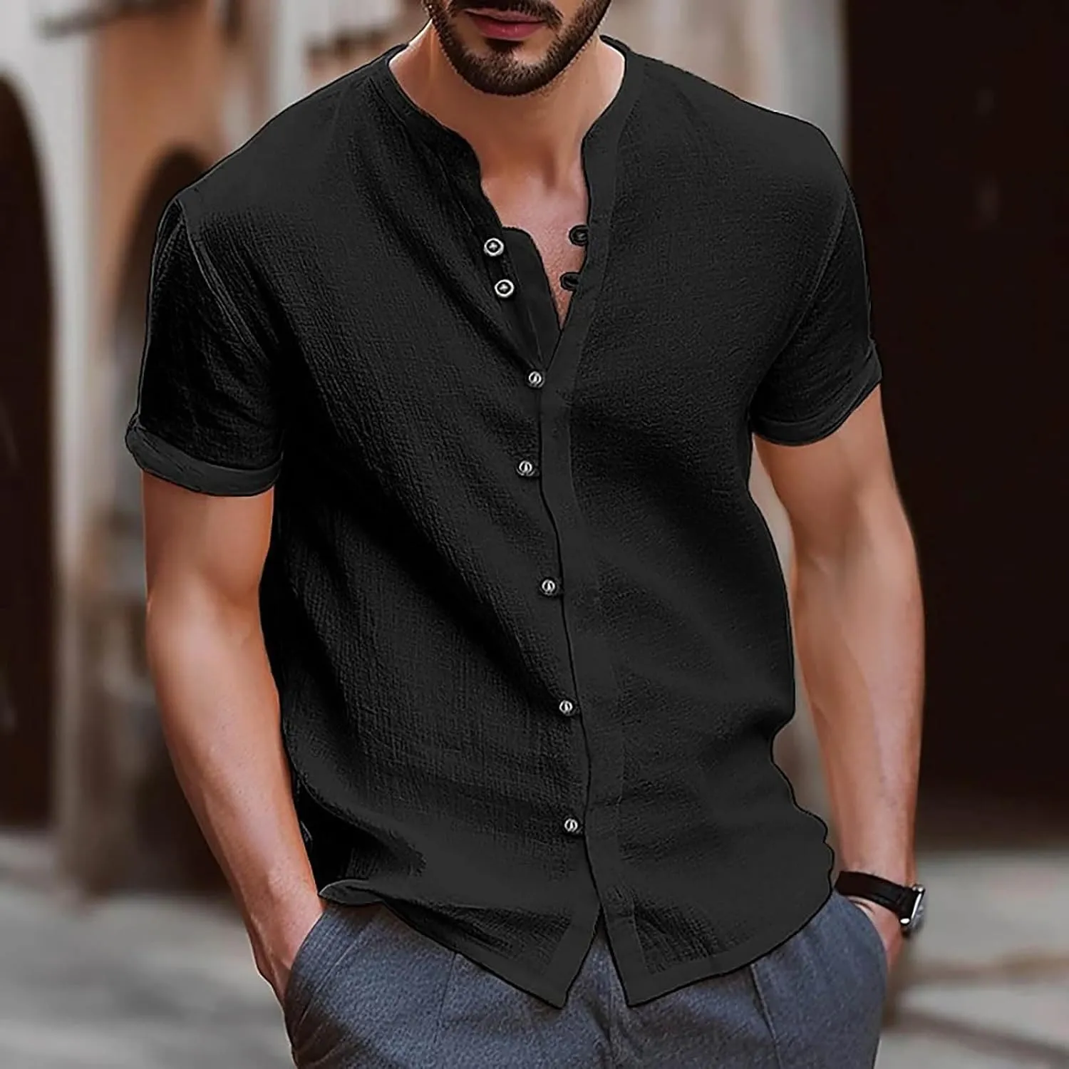 Muscularfit Mens Shirts Casual Button Down Cotton Linen Summer Shirt Regular-Fit Short Sleeve Vintage Fashion Top Pullover