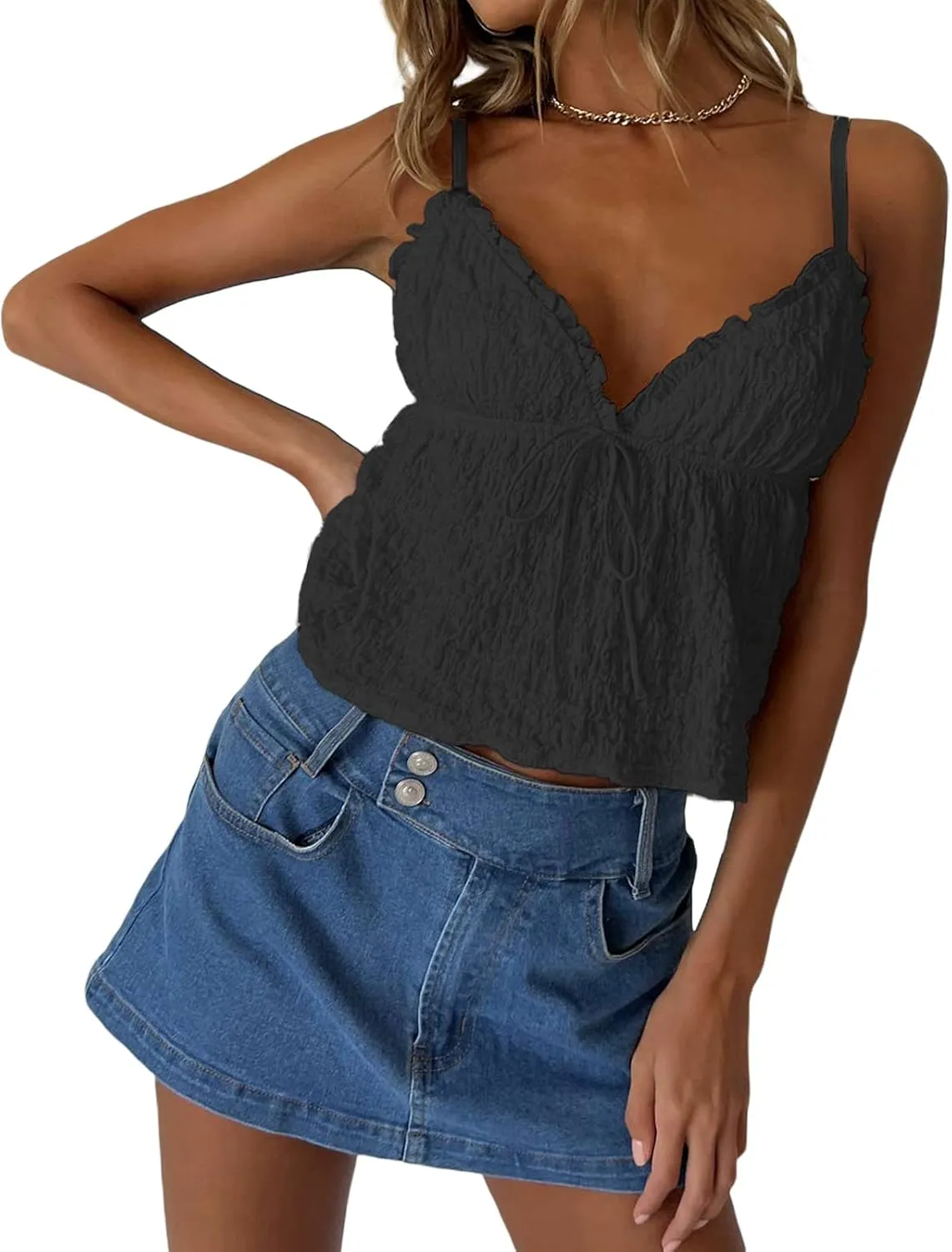 Mxiqqpltky Women Y2K Ruched Camisole Sleeveless Spaghetti Straps V Neck Cami Tops Summer Cute Bow Flowy Tank Tops Streetwear