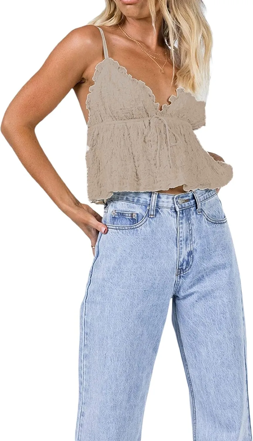 Mxiqqpltky Women Y2K Ruched Camisole Sleeveless Spaghetti Straps V Neck Cami Tops Summer Cute Bow Flowy Tank Tops Streetwear