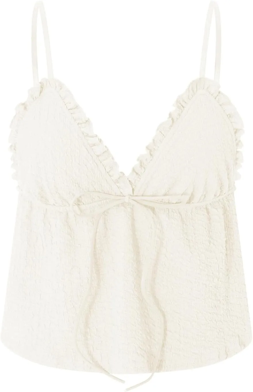 Mxiqqpltky Women Y2K Ruched Camisole Sleeveless Spaghetti Straps V Neck Cami Tops Summer Cute Bow Flowy Tank Tops Streetwear