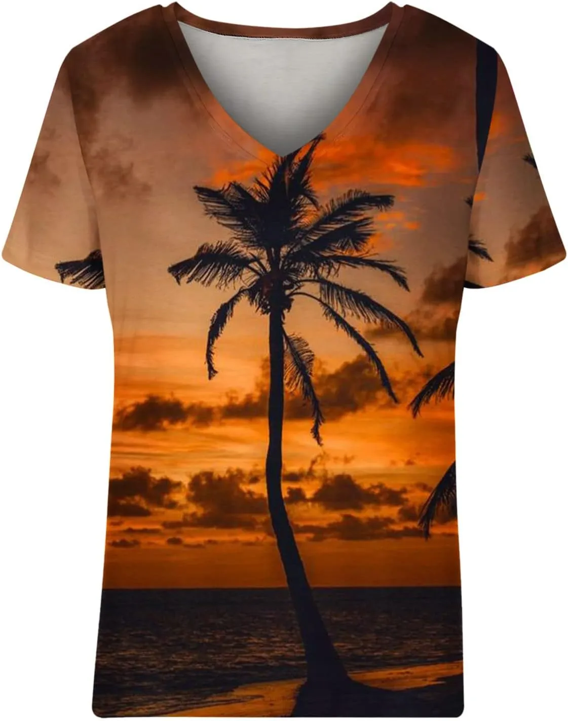 Mzkdieey Sunset Palm Tree Shirts for Women Hawaiian Summer T-Shirt Vintage Short Sleeve V Neck Tees Vacation Beach Tops