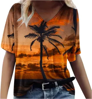 Mzkdieey Sunset Palm Tree Shirts for Women Hawaiian Summer T-Shirt Vintage Short Sleeve V Neck Tees Vacation Beach Tops