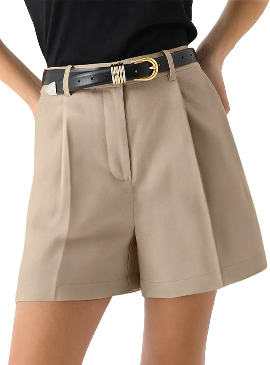 NIMIN Womens Shorts Dressy High Waisted Wide Leg Tailored Shorts Pleated Business Casual Work Trouser Shorts Without Belts