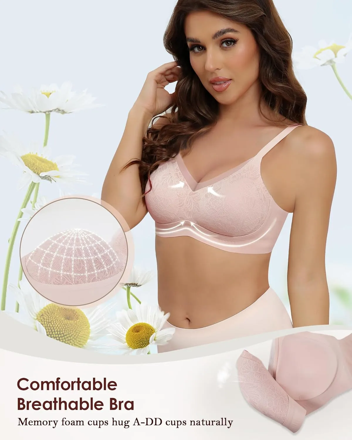 No Underwire Sheer Mesh V-Neck Bra Lace Soft Support Comfort Bra for Women Everyday T-Shirt Bralette
