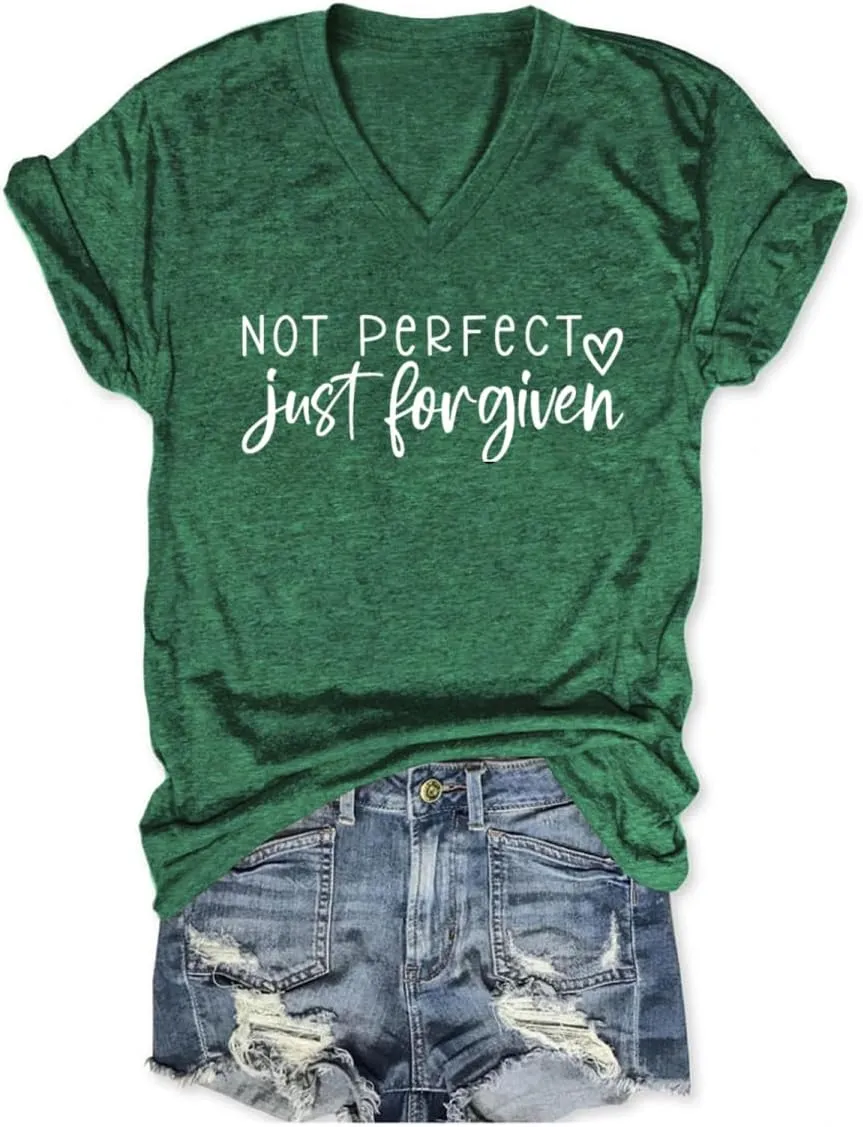 Not Perfect Just Forgiven Shirt for Women Christian V Neck T Shirts Religious Faith Graphic Short Sleeve Tee Tops