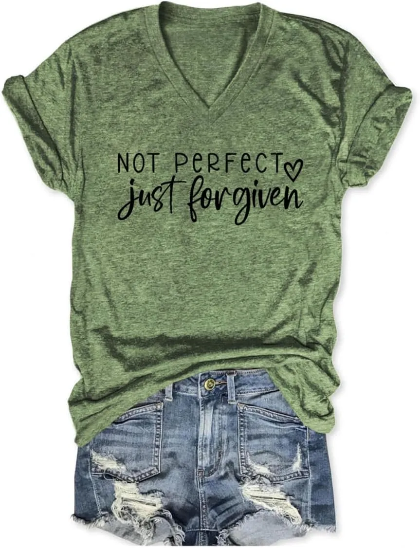 Not Perfect Just Forgiven Shirt for Women Christian V Neck T Shirts Religious Faith Graphic Short Sleeve Tee Tops