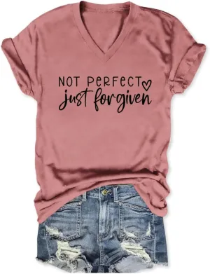 Not Perfect Just Forgiven Shirt for Women Christian V Neck T Shirts Religious Faith Graphic Short Sleeve Tee Tops