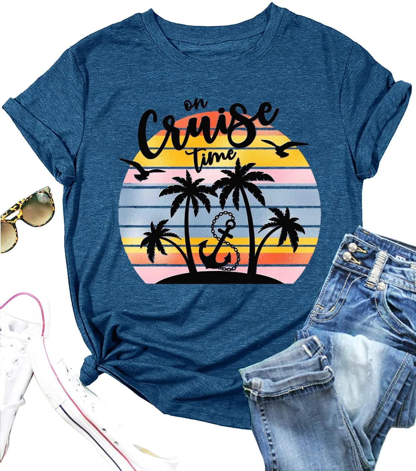 On Cruise Time Shirts for Women Palm Trees Beach Graphic Tee Tops Summer Beach Party Vacation Short Sleeve Tshirt Tops