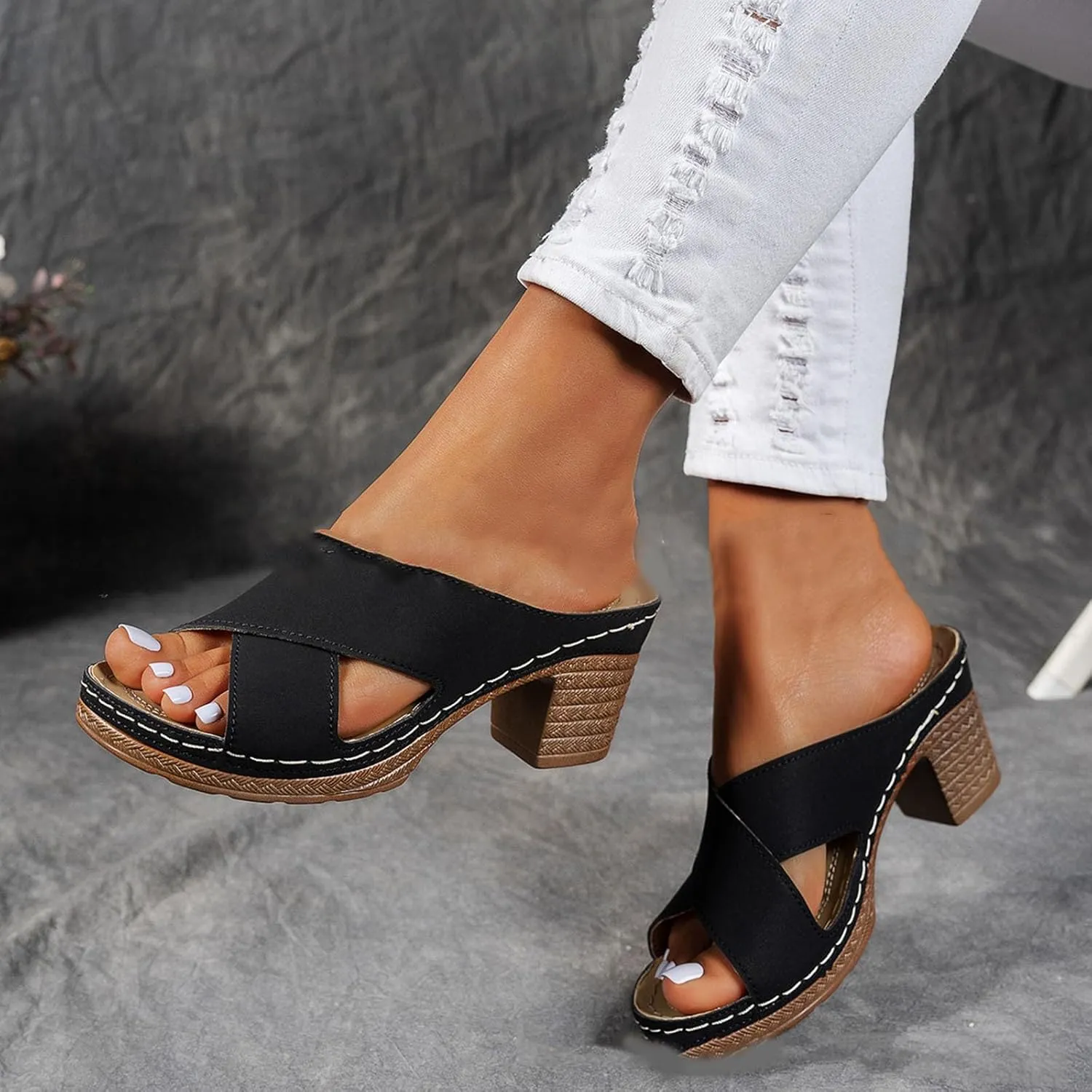 Orthopedic Wedge Sandals for Women Summer Chunky Heel Sandals Slip on Open Toe Square Toe Heeled Sandals Mules