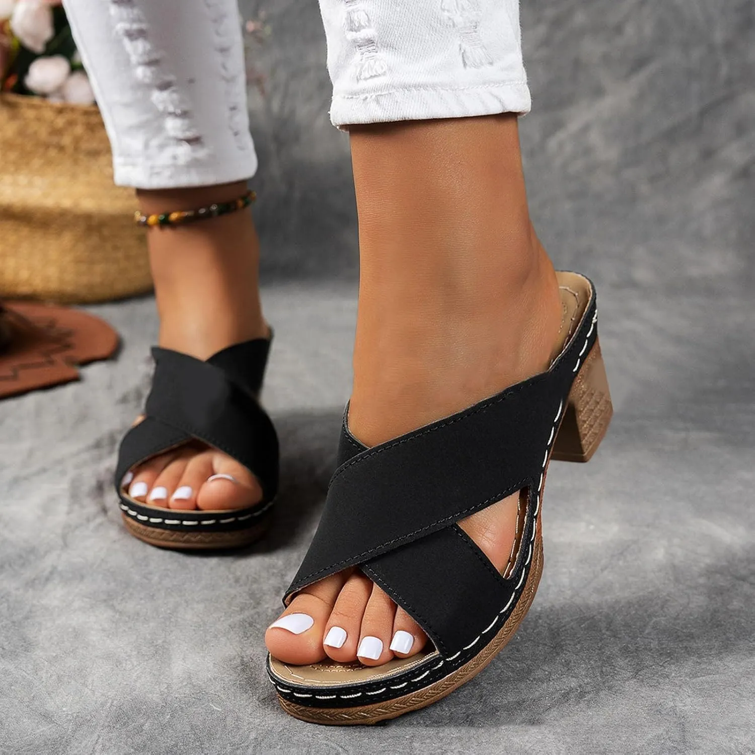 Orthopedic Wedge Sandals for Women Summer Chunky Heel Sandals Slip on Open Toe Square Toe Heeled Sandals Mules